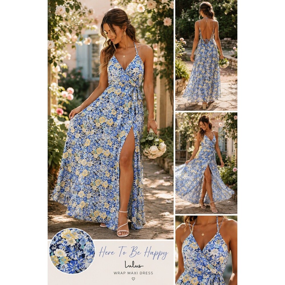 Lulus Here To Be Happy NWT Women S Blue Floral Wrap Maxi Dress Romantic Feminine
